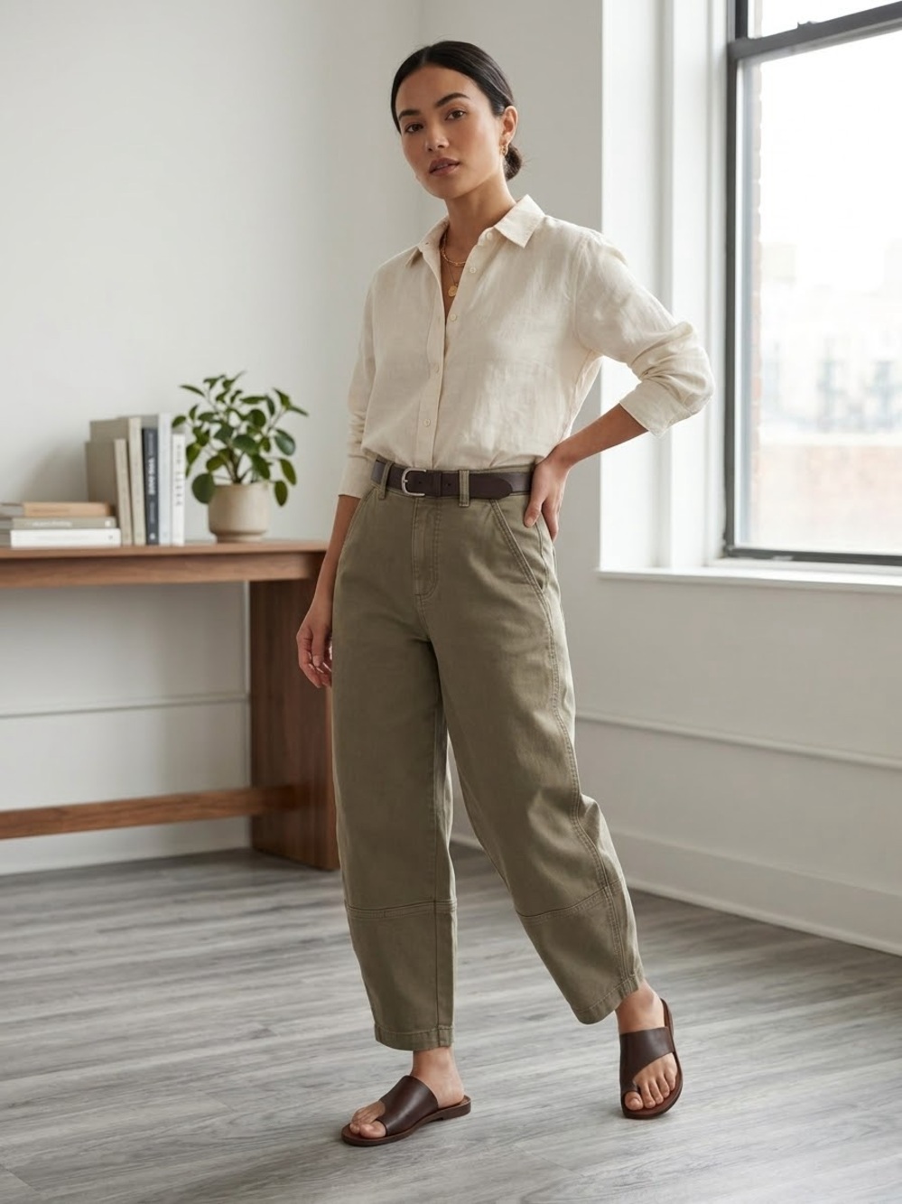 Everlane High-Rise Olive Barrel Wide-Leg Pants